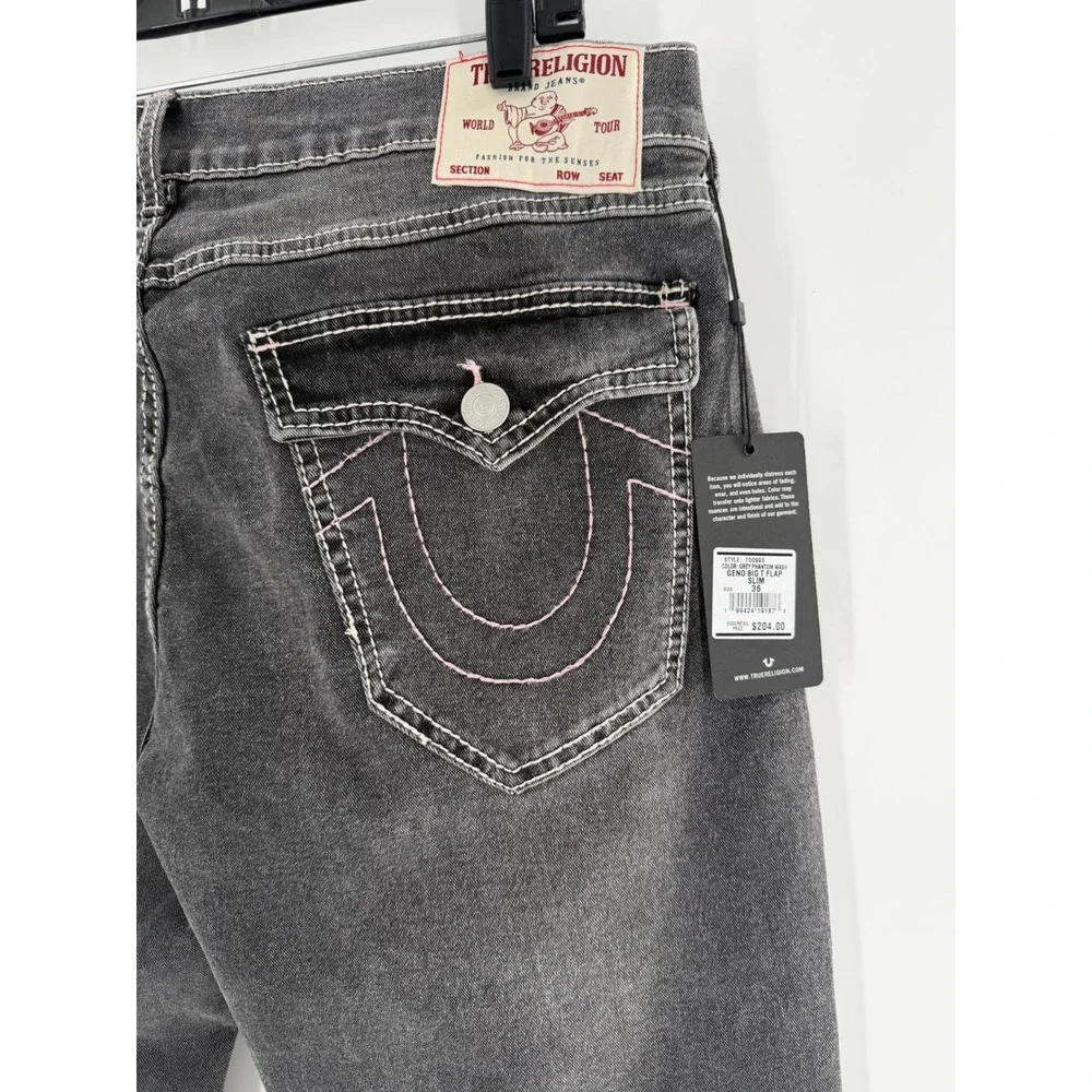 True Religion Geno Relaxed Slim Jeans Grey Phantom Wash Big T Pink Stitch 36